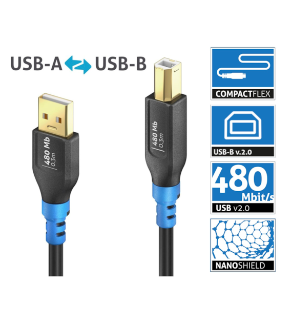 Purelink FlexInstall FIU200-003 elastyczny kabel USB 2.0 USB-A/USB-B 2A/5V/10W 480Mb 0,3m