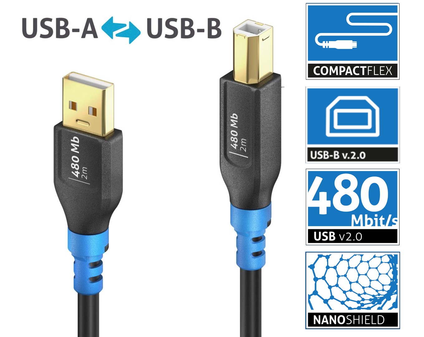 Purelink FlexInstall FIU200-020 elastyczny kabel USB 2.0 USB-A/USB-B 2A/5V/10W 480Mb 2,0m