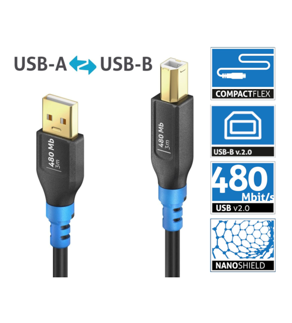 Purelink FlexInstall FIU200-030 elastyczny kabel USB 2.0 USB-A/USB-B 2A/5V/10W 480Mb 3,0m