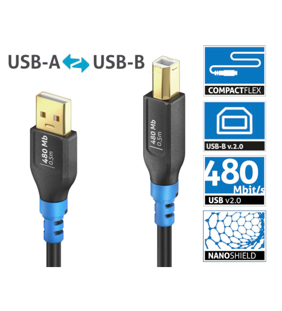 Purelink FlexInstall FIU200-005 elastyczny kabel USB 2.0 USB-A/USB-B 2A/5V/10W 480Mb 0,5m