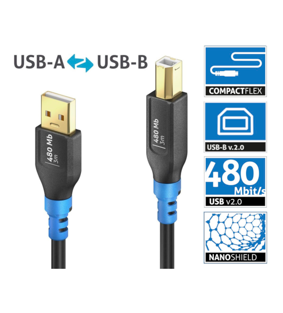 Purelink FlexInstall FIU200-030 elastyczny kabel USB 2.0 USB-A/USB-B 2A/5V/10W 480Mb 3,0m