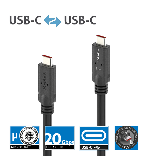 PureLink Purelnstall MicroX4 PI6500-030 mikro-koaksjalny kabel USB-C USB4 Gen2x2 20Gbps 100W E-marker DP-Alt mode 3,0m