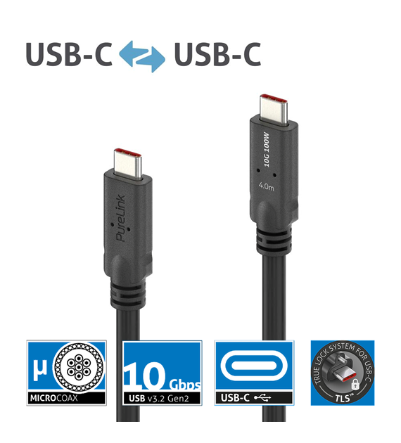 PureLink Purelnstall MicroX4 PI6500-040 mikro-koaksjalny kabel USB-C USB 3.2 Gen1x2 10Gbps 100W E-marker DP-Alt mode 4,0m