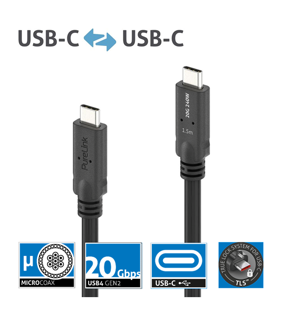 PureLink Purelnstall MicroX4 PI6600-015 mikro-koaksjalny kabel USB-C USB4 Gen2x2 20Gbps 240W E-marker 1,5m