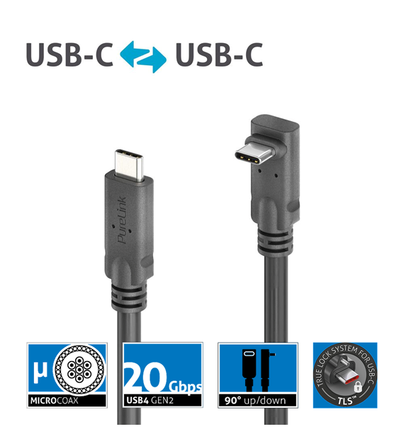 PureLink Purelnstall MicroX4 PI6610-010 mikro-koaksjalny kabel USB-C / USB-C 90° USB4 Gen2x2 20Gbps 240W E-marker Alt-mode 1,0m