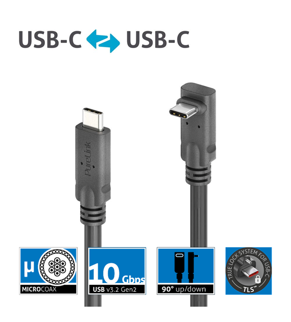 PureLink Purelnstall MicroX4 PI6610-040 mikro-koaksjalny kabel USB-C / USB-C 90° USB 3.2 Gen1x2 10Gbps 100W E-marker Alt-mode 4,0m