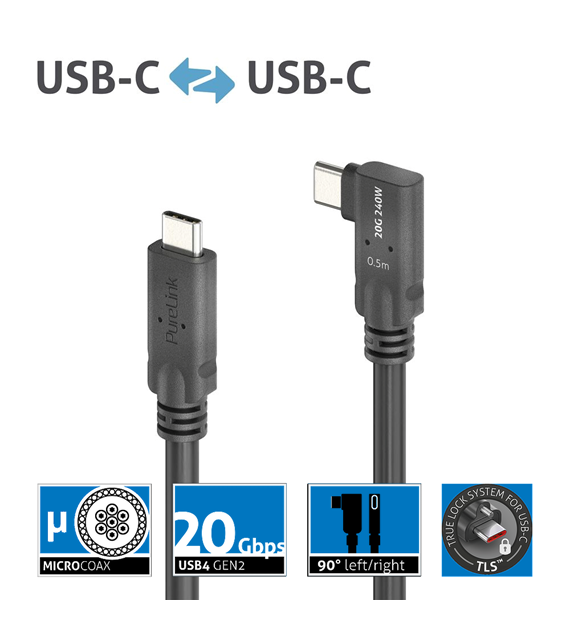 PureLink Purelnstall MicroX4 PI6620-005 mikro-koaksjalny kabel USB-C / USB-C 90° (lewo/prawo) USB4 Gen2x2 20Gbps 240W E-marker Alt-mode 0,5m