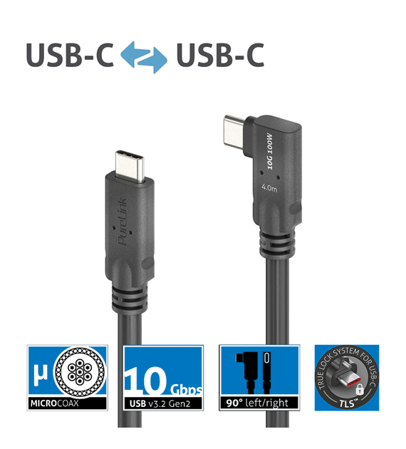 PureLink Purelnstall MicroX4 PI6620-040 mikro-koaksjalny kabel USB-C / USB-C 90° (lewo/prawo) USB 3.2 Gen1x2 10Gbps 100W E-marker Alt-mode 4,0m