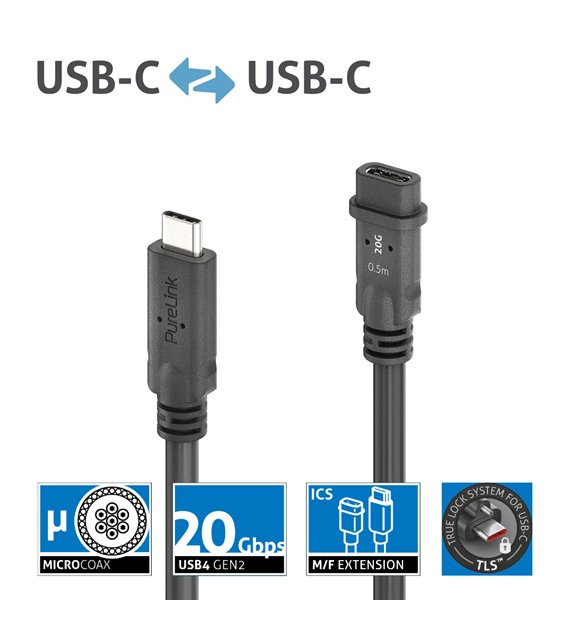 PureLink Purelnstall MicroX4 PI6630-005 mikro-koaksjalny kabel przedłużający USB-C (męski/żeński) USB4 Gen2x2 20Gbps 240W E-marker Alt-mode 0,5m