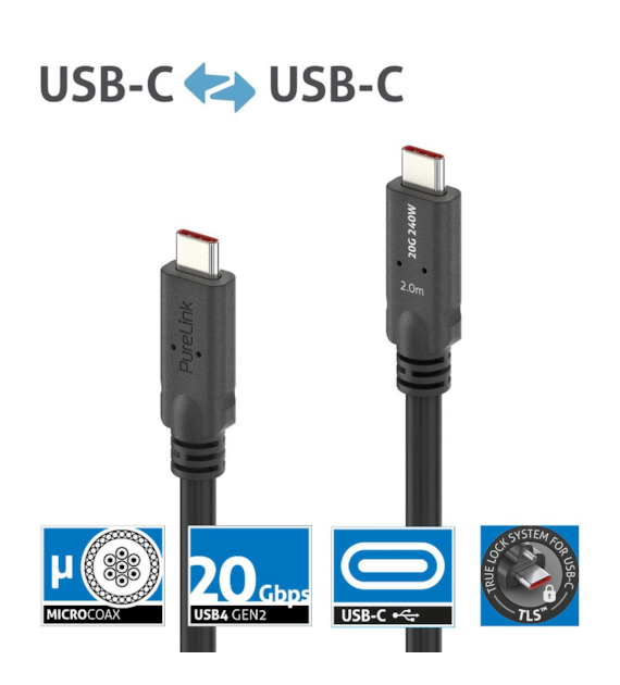 PureLink Purelnstall MicroX4 PI6500-020 mikro-koaksjalny kabel USB-C USB4 Gen2x2 20Gbps 240W E-marker DP-Alt mode 2,0m