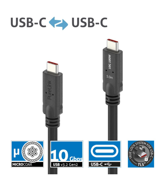 PureLink Purelnstall MicroX4 PI6500-050 mikro-koaksjalny kabel USB-C USB 3.2 Gen1x2 10Gbps 100W E-marker DP-Alt mode 5,0m