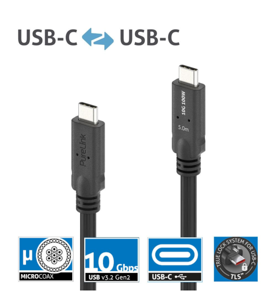 PureLink Purelnstall MicroX4 PI6600-050 mikro-koaksjalny kabel USB-C USB 3.2 Gen1 10Gbps 100W E-marker 5,0m