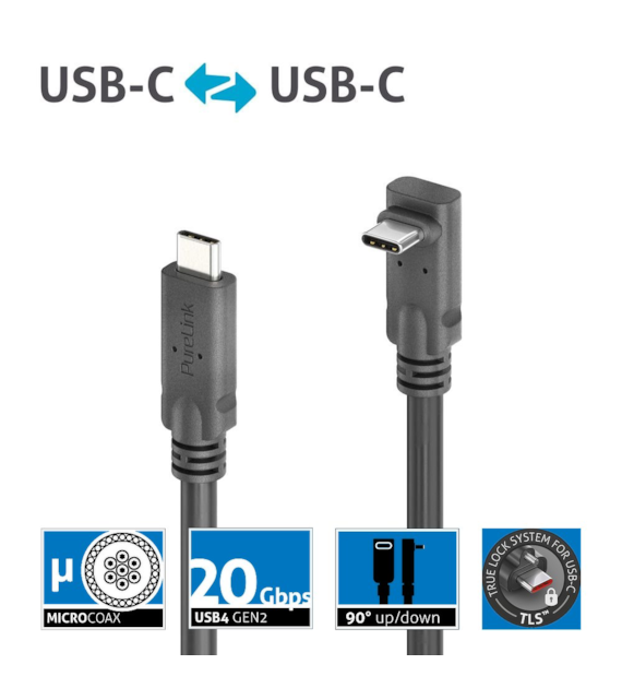 PureLink Purelnstall MicroX4 PI6610-030 mikro-koaksjalny kabel USB-C / USB-C 90° USB4 Gen2x2 20Gbps 240W E-marker Alt-mode 3,0m