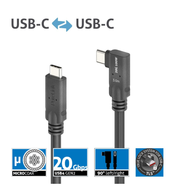PureLink Purelnstall MicroX4 PI6620-030 mikro-koaksjalny kabel USB-C / USB-C 90° (lewo/prawo) USB4 Gen2x2 20Gbps 240W E-marker Alt-mode 3,0m
