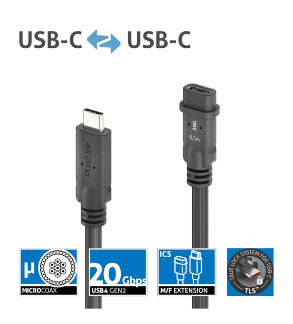 PureLink Purelnstall MicroX4 PI6630-005 mikro-koaksjalny kabel przedłużający USB-C (męski/żeński) USB4 Gen2x2 20Gbps 240W E-marker Alt-mode 0,5m