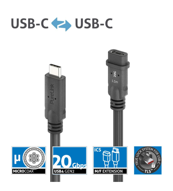PureLink Purelnstall MicroX4 PI6630-015 mikro-koaksjalny kabel przedłużający USB-C (męski/żeński) USB4 Gen2x2 20Gbps 240W E-marker Alt-mode 1,5m