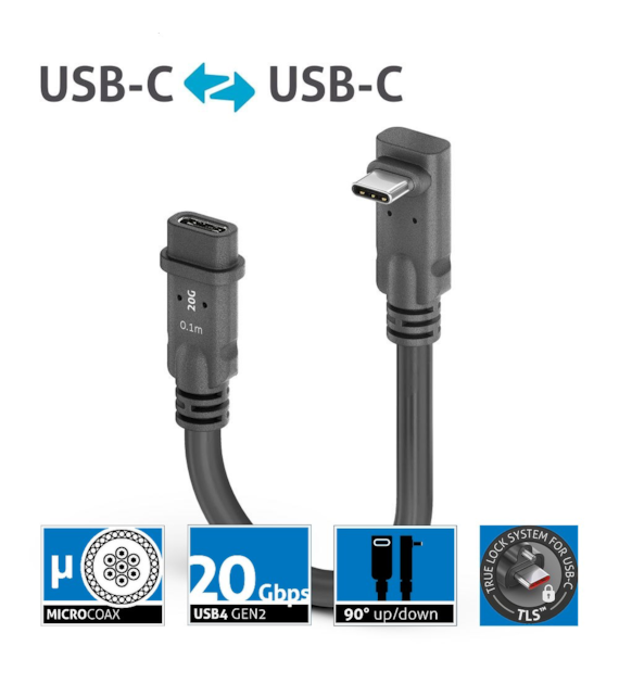 PureLink Purelnstall MicroX4 PIA610 mikro-koaksjalny adapter USB-C / USB-C 90° (góra/dół) USB4 Gen2x2 20Gbps 240W E-marker Alt-mode 0,1m