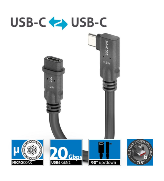 PureLink Purelnstall MicroX4 PIA620 mikro-koaksjalny adapter USB-C / USB-C 90° (lewo/prawo) USB4 Gen2x2 20Gbps 240W E-marker Alt-mode 0,1m